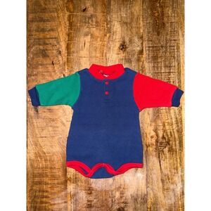 Vintage Cotton Club Waffle Knit Romper Colorblock Blue Red Green 3-6 Months